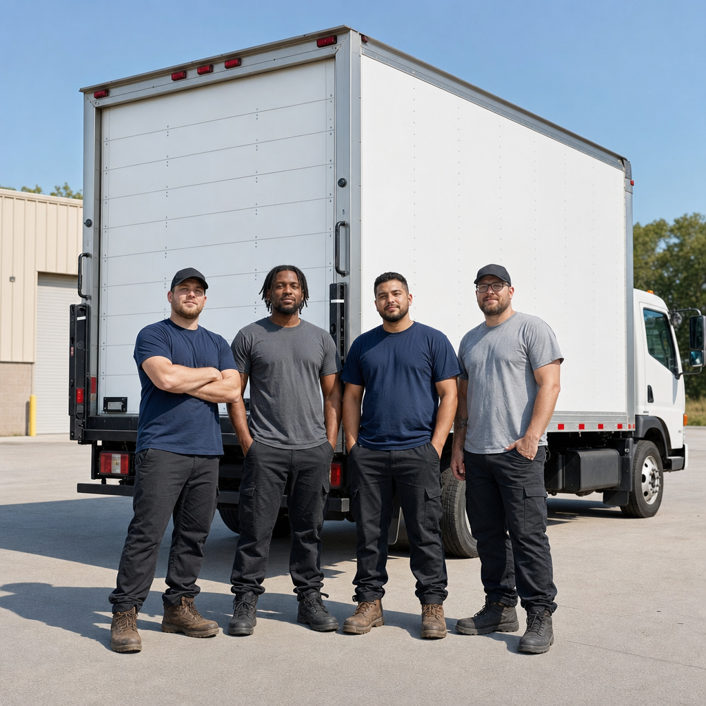 Four uniformed Moreno Valley movers standing relaxed in front of a clean white commercial box truck at the depot