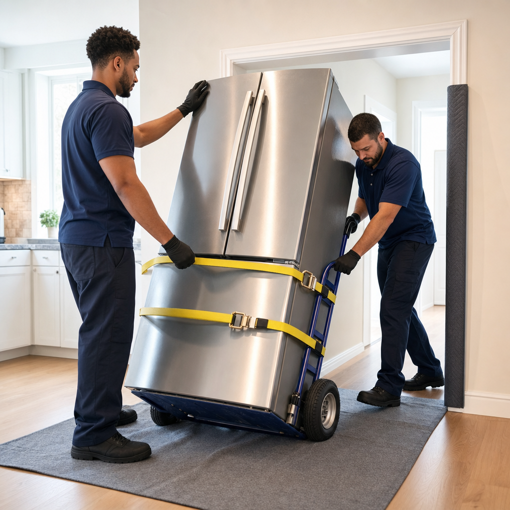 Two uniformed Moreno Valley movers tilting a refrigerator onto an appliance dolly with straps in a kitchen doorway