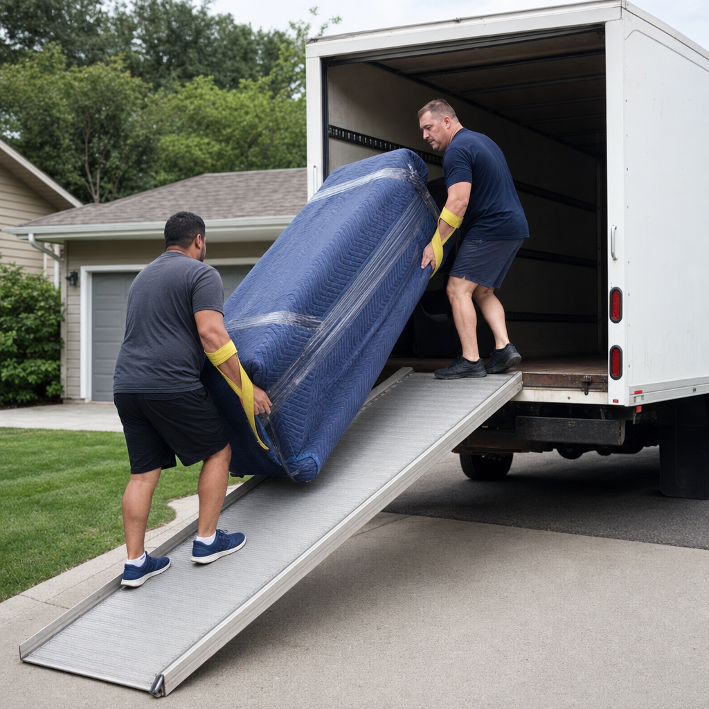 Two uniformed Moreno Valley movers loading wrapped furniture into a rental box truck in a suburban driveway, using hi-vis yellow lifting straps and e-track securing