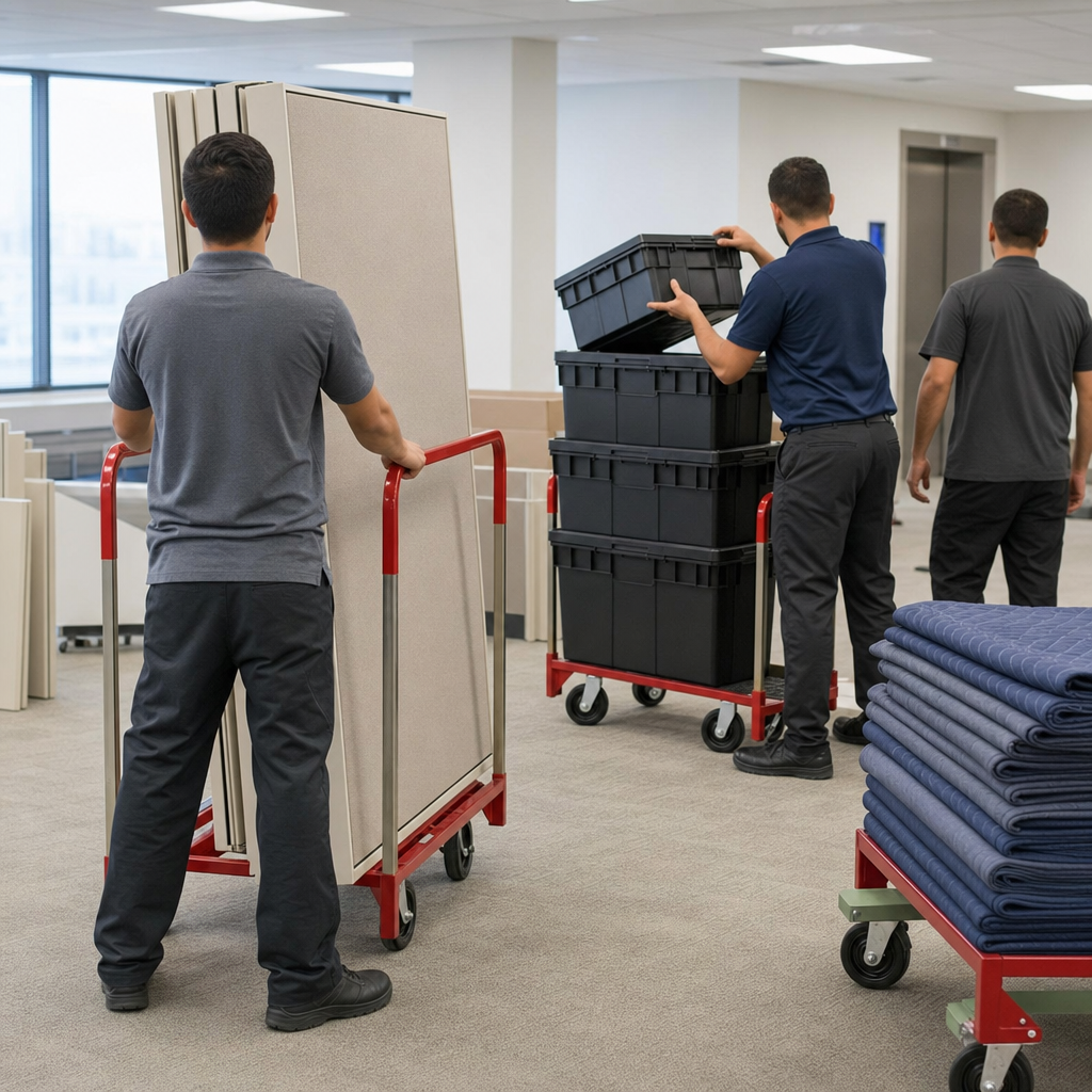 Coordinated office moving crew loading cubicle panels and stackable IT crates onto heavy-duty panel carts on a modern office floor
