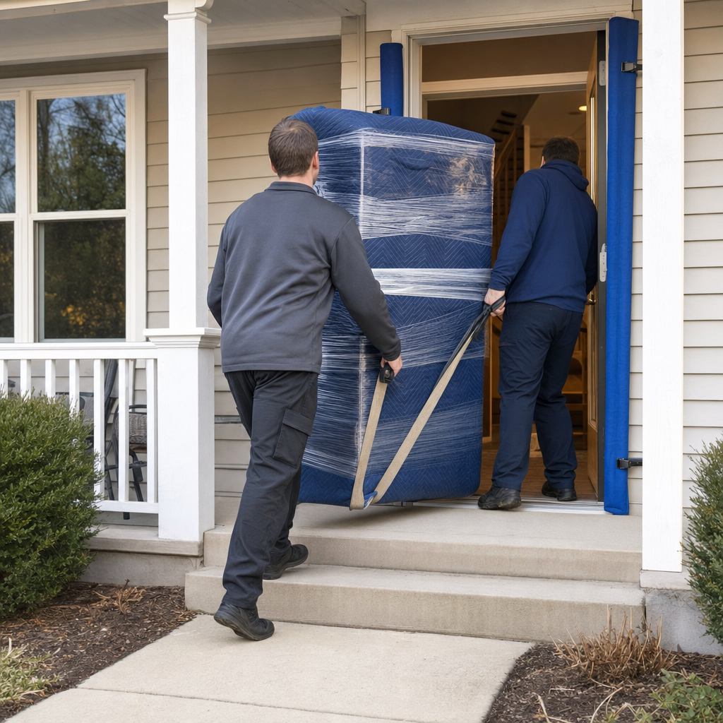 Two uniformed Moreno Valley movers carrying a quilted-blanket-wrapped dresser through a home's front doorway with door-jamb protection in place
